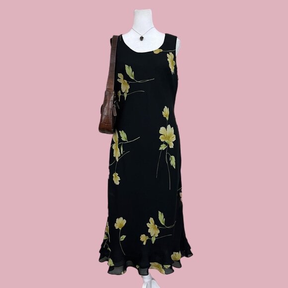 black and yellow floral vintage 90s sleeveless midi dress girly whimsygoth - Picture 1 of 8